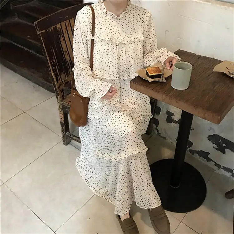 

Polka-dot chiffon ruffled collar long sleeve dress Female 2019 spring summer