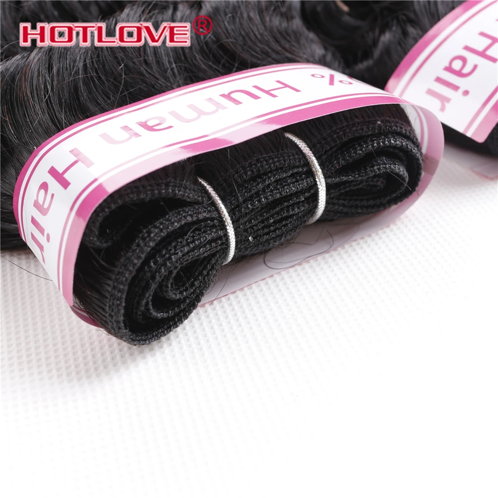 Hotlove Hair Deep Wave Bundles with Closure Free Middle 3 Wavy Part 4*4 Peruvian Hair Bundle with Closure Natural Black Non Remy