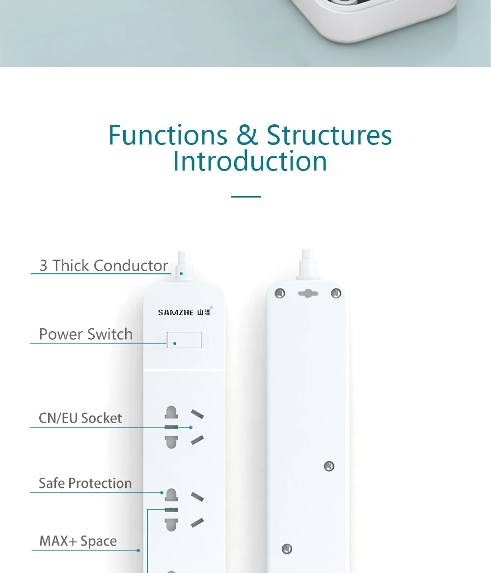 SAMZHE Power Strip Socket Portable Strip Plug Adapter with 3 USB Port Multifunctional Smart Home Electronics