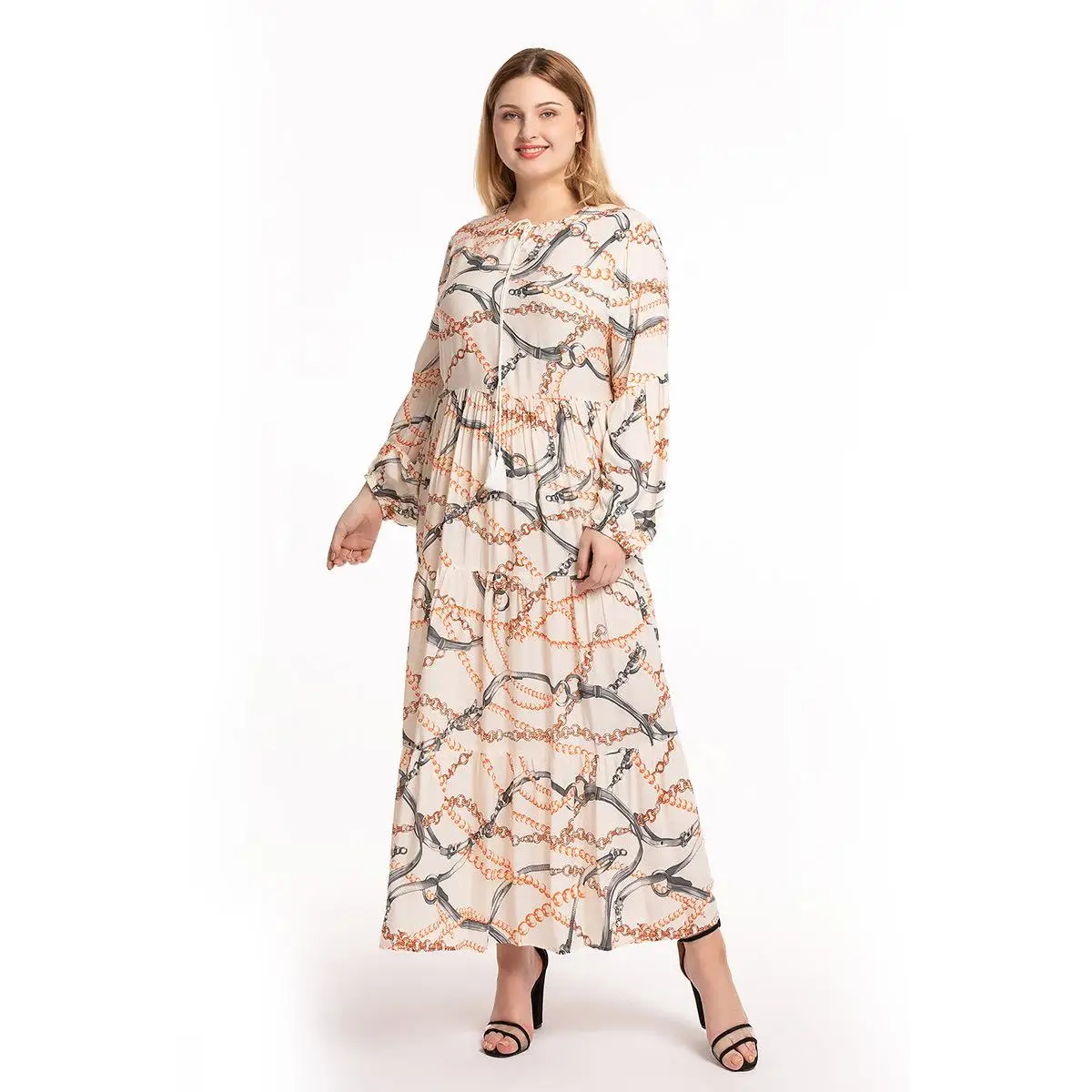 Модное Длинное Платье макси с леопардовым принтом для женщин, бохо, для праздников, вечеринок, абайя, кафтан размера плюс, мусульманское, с длинным рукавом, свободное, Рамадан, модное - Цвет: Chain Print