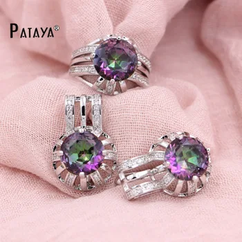 

PATAYA Rainbow Mystic Jewelry Sets True White Gold Natural Cubic Zirconia Ring Big Earrings Sets Women Accessories Jewelry Sets