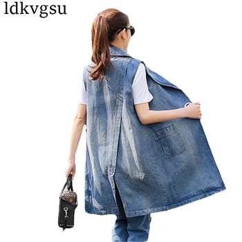 

Women Long Denim Vest Coat 2020 New Spring Autumn Fashion Vintage Washed Sleeveless Jeans Jacket Waistcoat Big Size Femme Is176