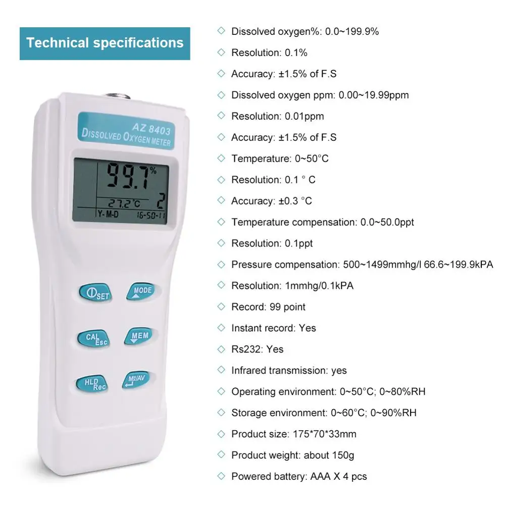 Yieryi AZ8403 кислородный анализатор, кислород для аквариума датчик плотности, зонд Портативный Измеритель Растворенного Кислорода воды оксигенатор