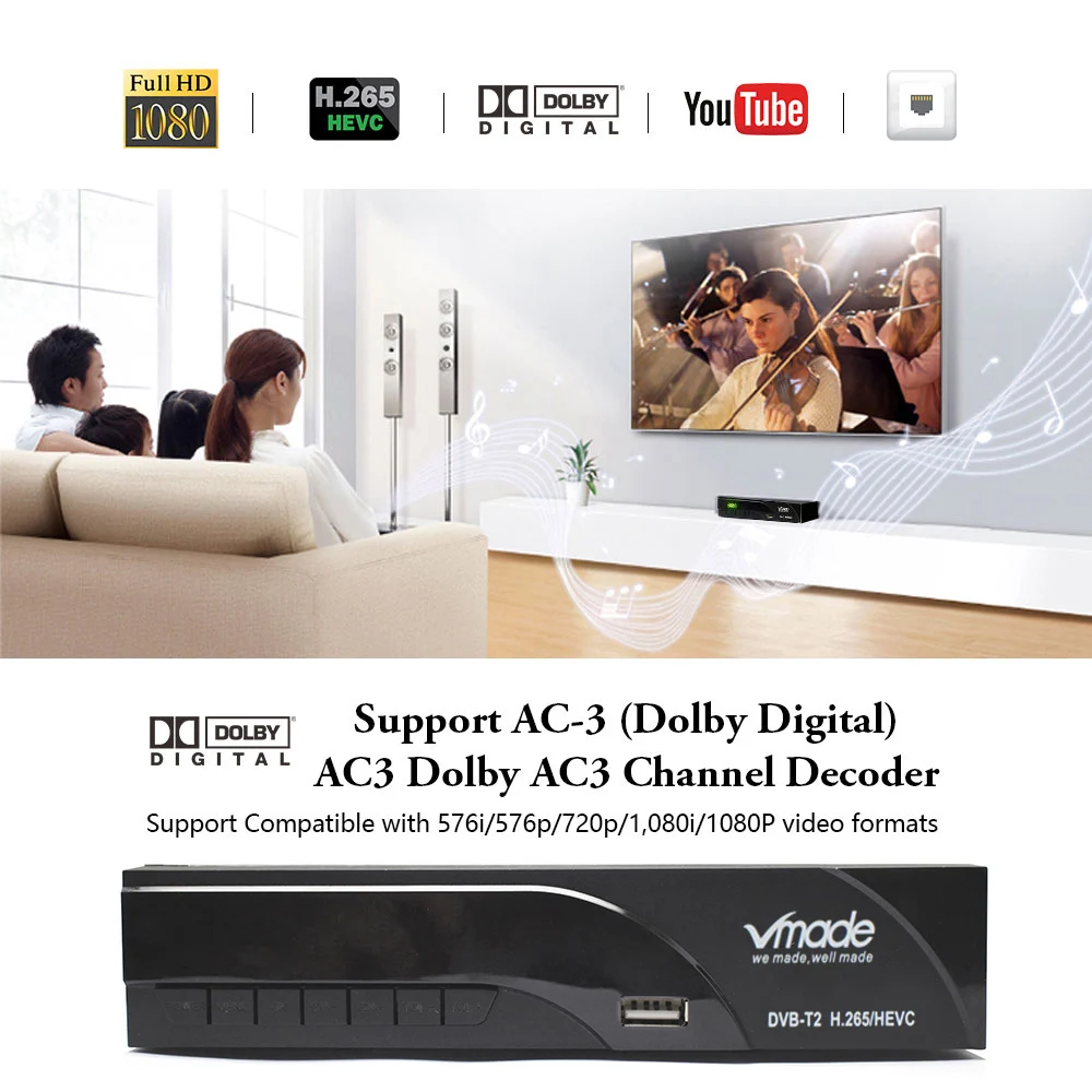 Vmade DVB-T2/T ТВ-тюнер H.265 HD цифровой эфирный ресивер Full 1080P Поддержка Youtube Dolby AC3+ wifi с внутренней ТВ-антенной