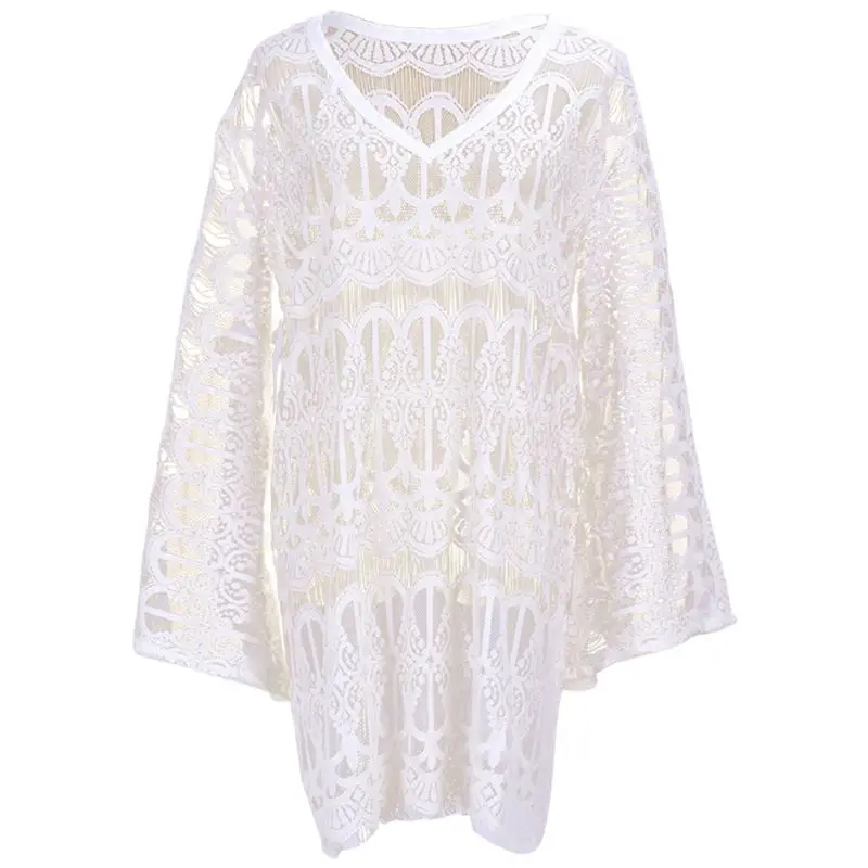 

Womens Summer Long Flare Sleeves Beach Mini Dress Solid White Color Hollow Out Crochet Floral Lace Bikini Cover Up Eyelash Trim