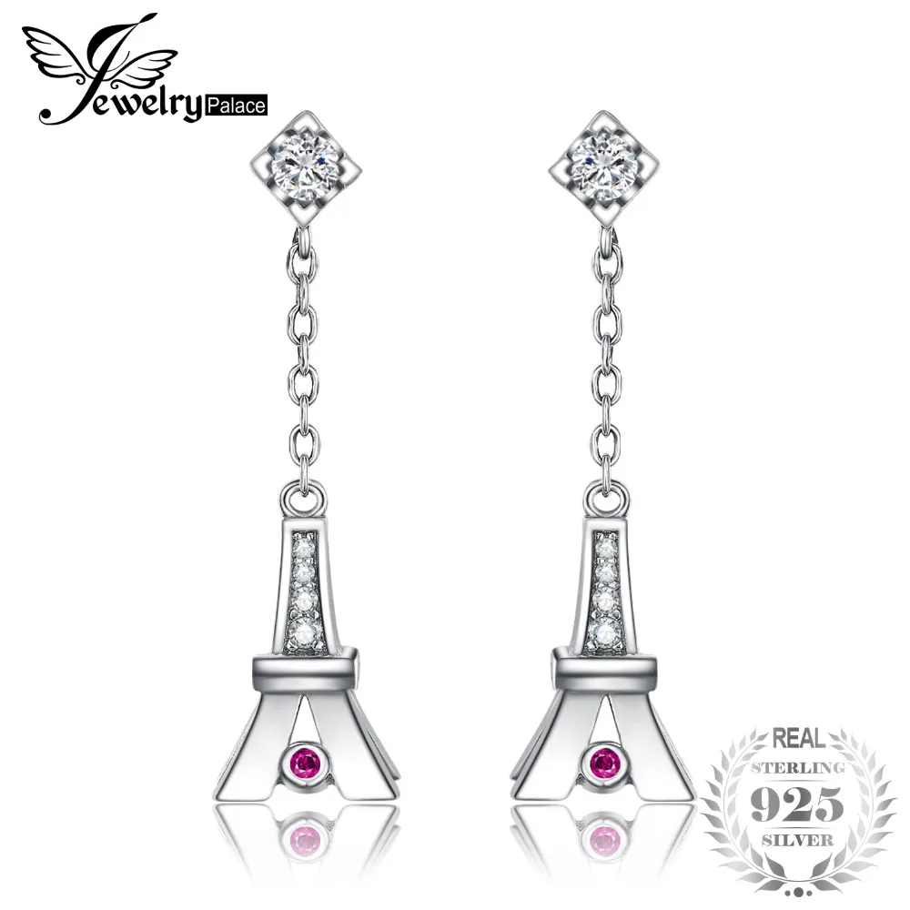 

JewelryPalace Romance Eiffel Tower Created Rubies Drop Earrings 925 Sterling Silver Gift For Woman&Girls Fashion Jewelry 2018