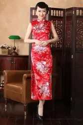 Летние Стильные красный китайский леди Шелковый район Cheongsam для девочек с цветочным принтом длинные Qipao Новинка вечернее платье Размеры S M L