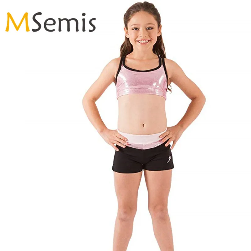 

Kids Girls Ballet Crop Top Glittery Metallic Shoulder Straps Crop Top for Ballet Dance Gymnastics Leotards for Girls Dancewear