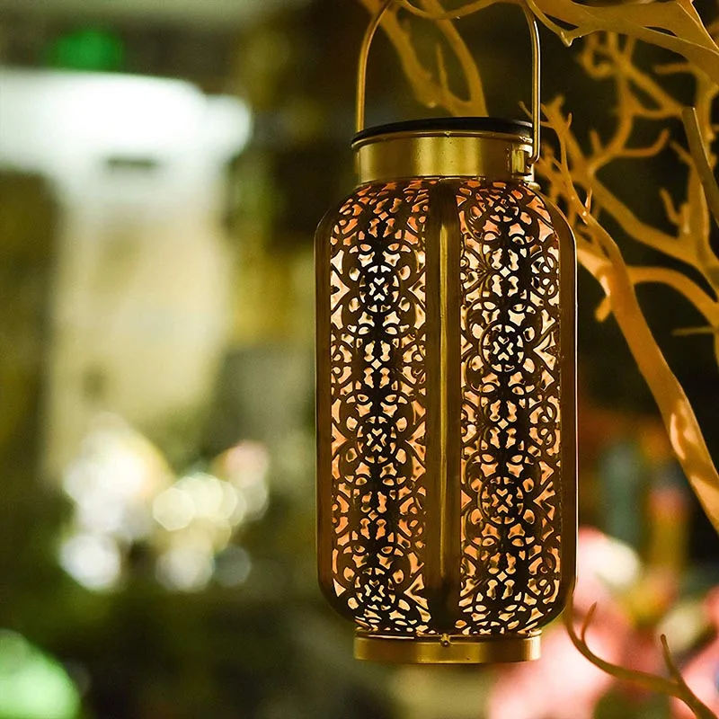 

New Solar Lantern Hollow Carved Hanging Bright Lantern with Handle Home Decor SF66