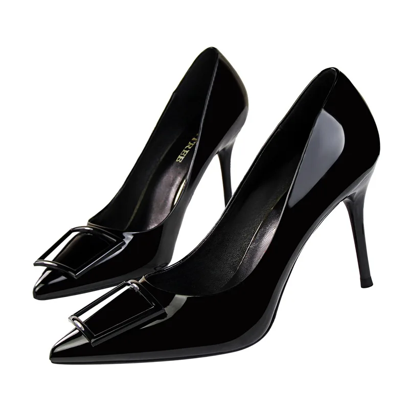 D& Henlu/обувь брендовые женские пикантные блестящие туфли-лодочки женские туфли на высоком тонком каблуке-шпильке с острым носком и квадратной пряжкой туфли-лодочки Glossi - Цвет: black heels