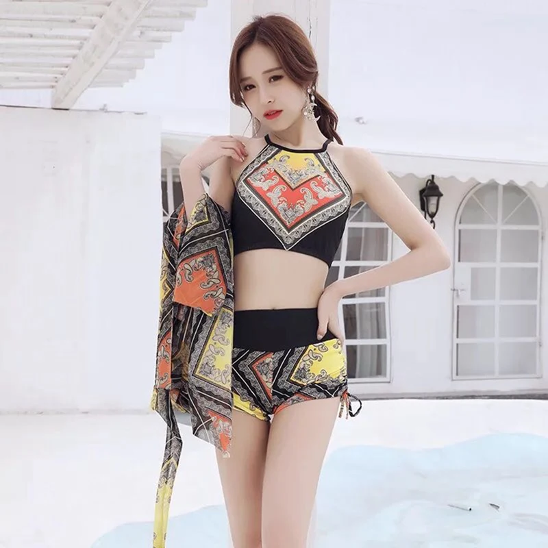 

Women National Style Print Bikinis High Waist Swimsuit Push Up Wear Bikini Three Piece Swimming Bathing Suit With Cover-up Skirt
