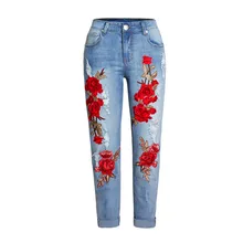 Джинсовые женские прямые джинсы с цветочной вышивкой,, штаны с высокой талией, полная длина, большие размеры, женские брюки, уличная одежда