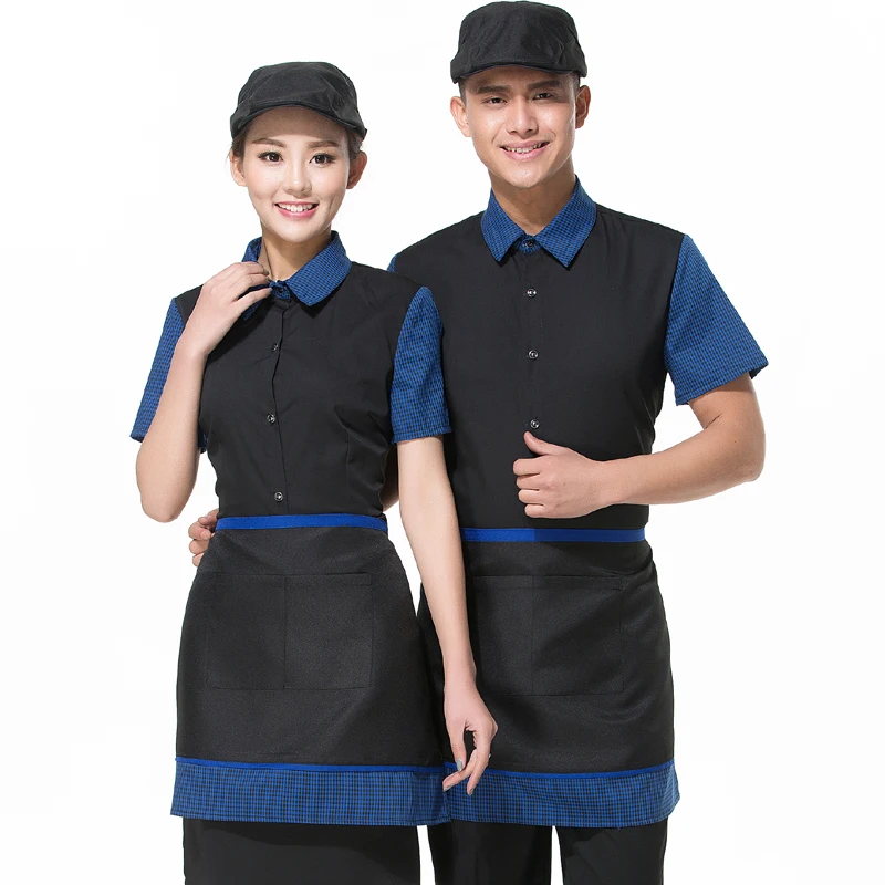 New Server Clothing Hotel Fashion Turn Down Neck Royal Shirt+Apron
