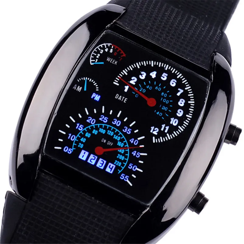 Мода авиации Turbo циферблат вспышки светодиодный часы подарок Мужская Леди спортивный автомобиль метр Нержавеющая сталь платье Наручные часы