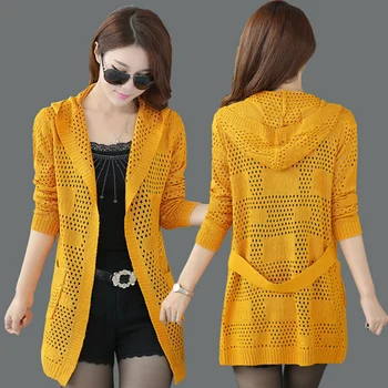 

Spring and Autumn new female long section solid knit cardigan sweater Women yards hollow thin shawl hooded sweater coat