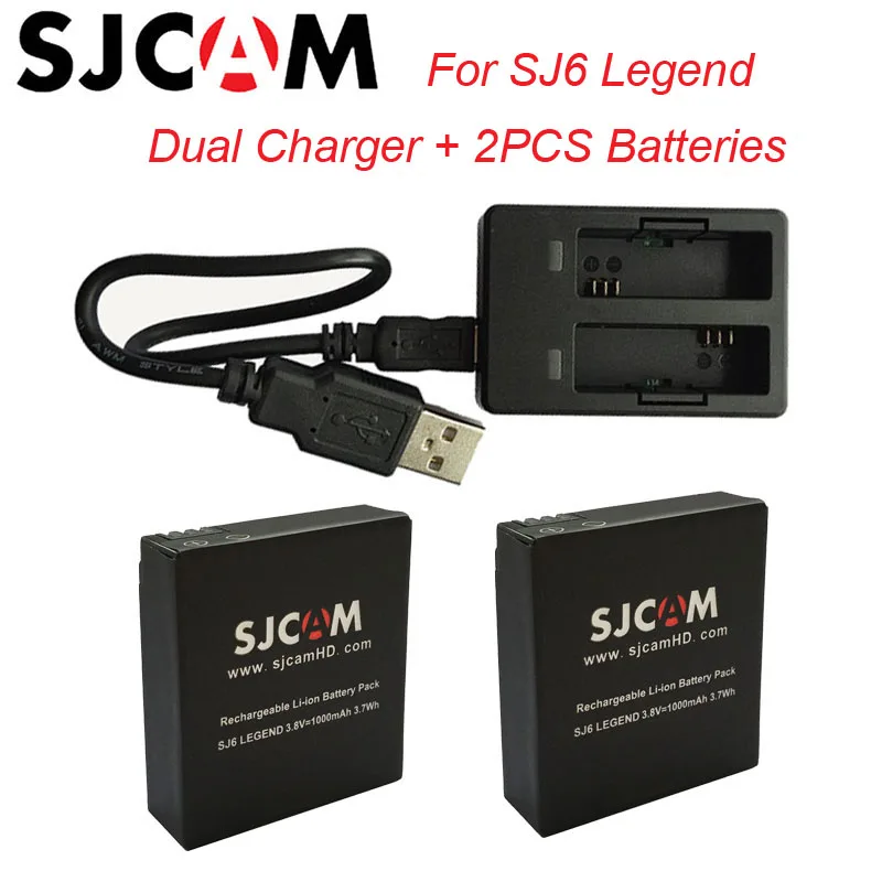 SJCAM 2PCS SJ6 Batteries 3.8V 1000mAh Rechargeable Battery + Dual Charger For SJCAM SJ6 Legend Sport Action Camera Accessories