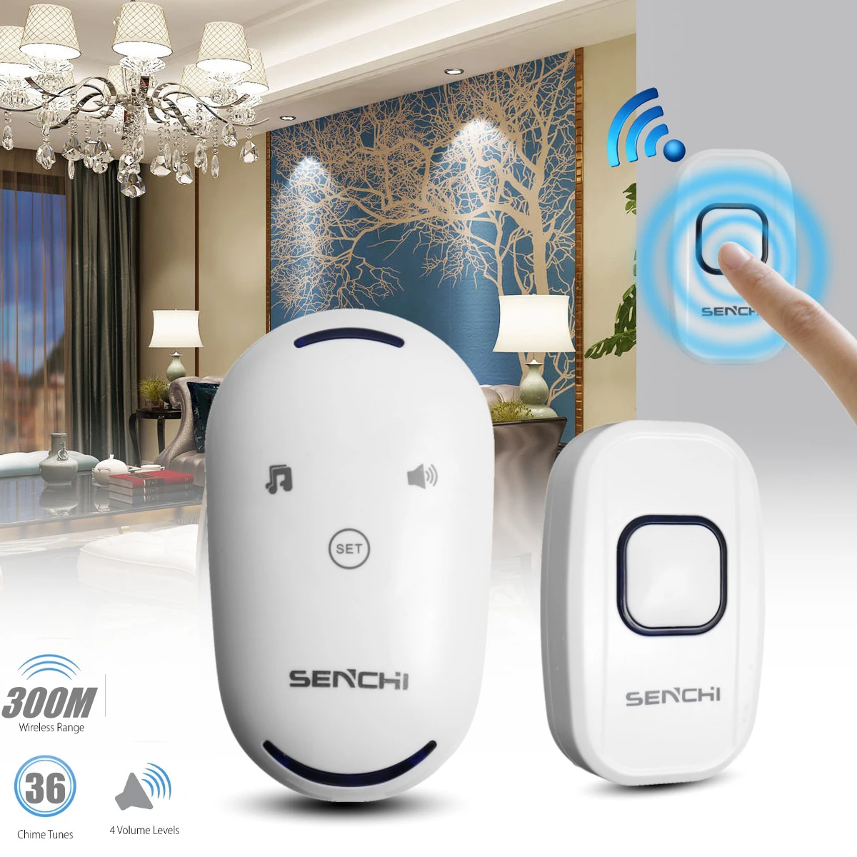 36 Chimes 4 volume levels Doorbell Wall Plug-in Wireless Door Bell Cordless 300M Range Waterproof Home Transmitter+Receiver ts k108w12 wireless doorbell portable digital cordless door bell kit waterproof 1000ft 300m range with plug in receivers