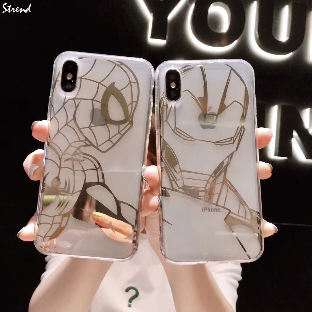 

Marvel Avengers Iron Man Spiderman Gold plating Clear Case For Apple iPhone X XS Max Xr 8 7 6 6s Plus Super Hero Phone Cover