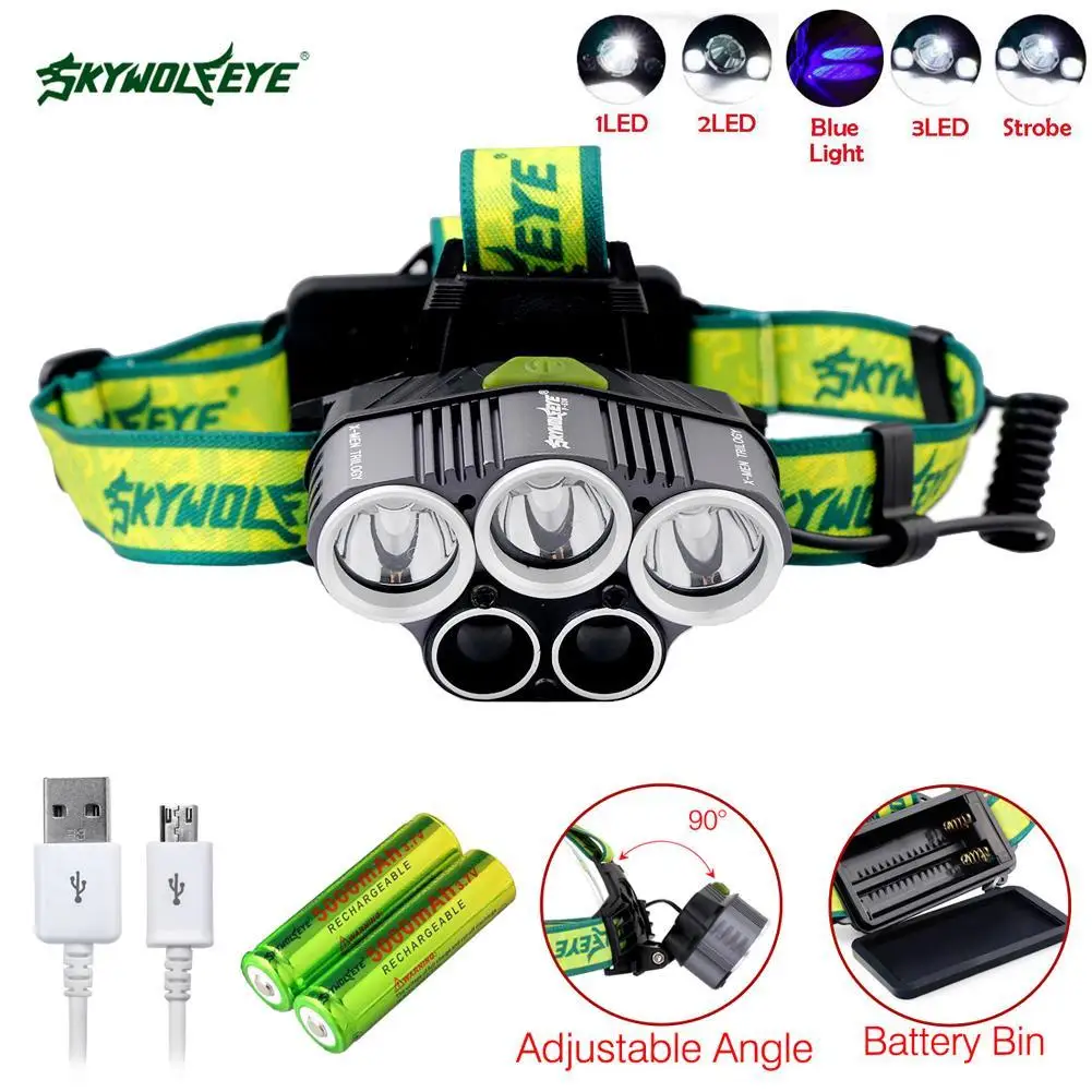 SKYWOLFEYE T6 5 LED 40000 лм налобный фонарь Перезаряжаемый USB Фокус лампа для велоспорта +