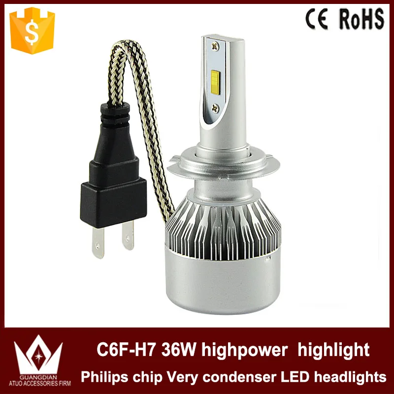 

GuangDian car led light Headlight 12V Head lamp Fog light fog lamp with mute fan Bulb Phi--lips chip C6F 6000K white 12V 36W h7