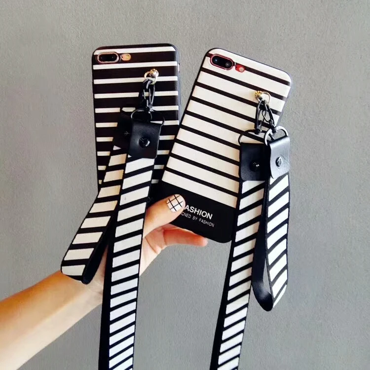 Kuutti Squishy Soft TPU Striped Phone cases Lanyard Neck Wrist Strap Women Men Mobile Covers for
