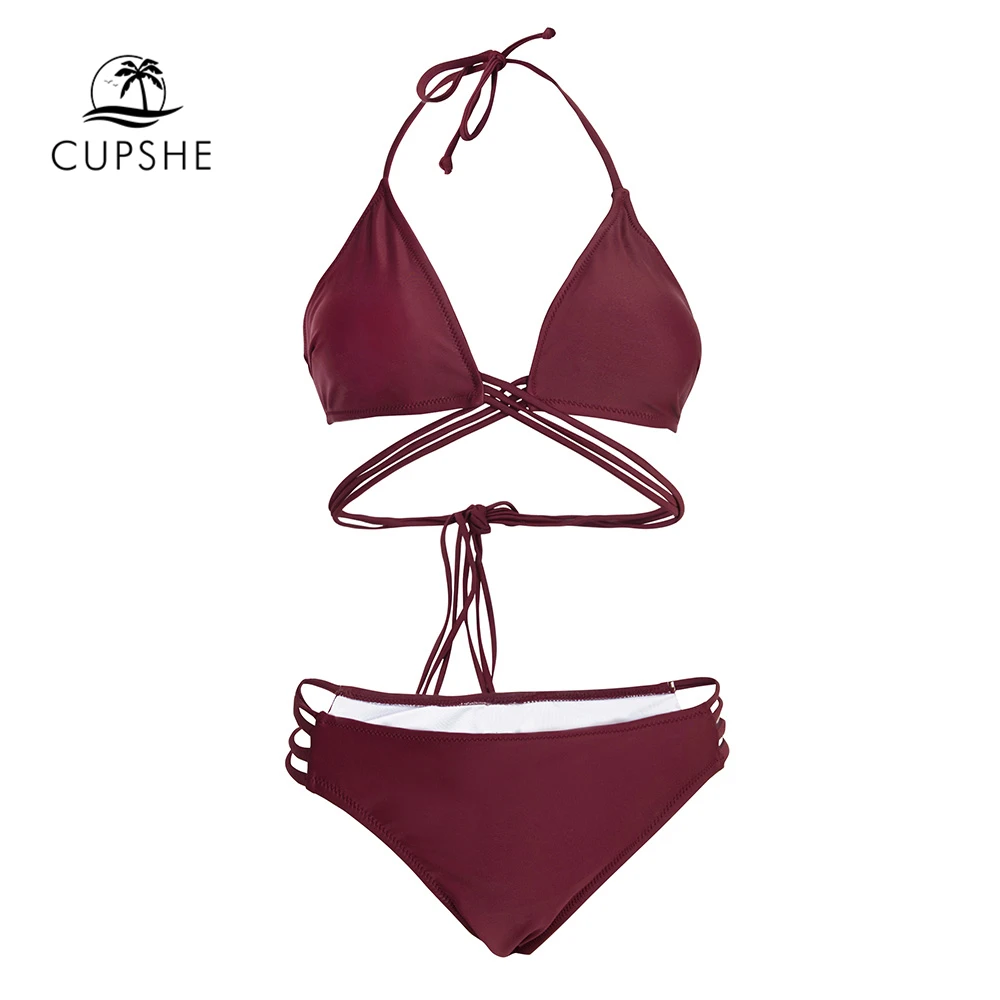 

CUPSHE Sexy Burgundy Strappy Halter Bikini Sets Women Plain Two Pieces Swimsuits 2019 Girl Beach Bathing Suits Swimwear