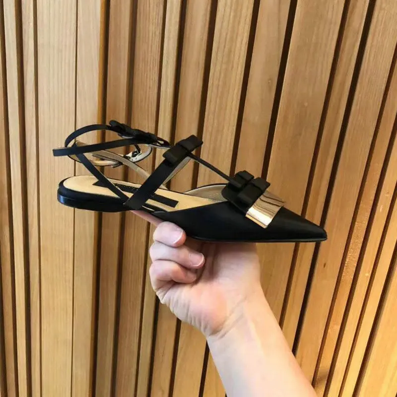 Summer tide shoes hollow silk satin flat with bow flat pointed shoes banquet sandals women Sandals