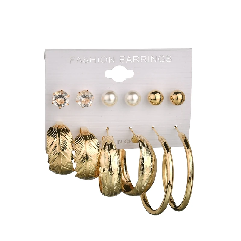 

MissCyCy 6 Pairs Rhinestone Crystal Simulated Pearl Earrings Set Gold Color Leaves Hoop Earrings For Women Gift