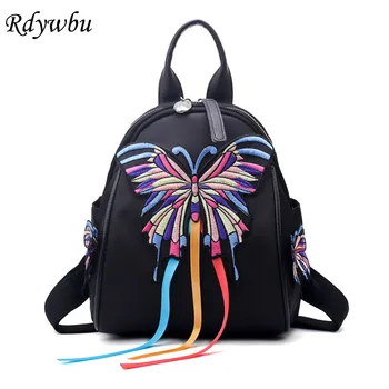 

Rdywbu 3D Butterfly Multifunctional Backpack Women's National Embroidery Birds Flower Travel Bag Diamonds Oxford School Bag B559