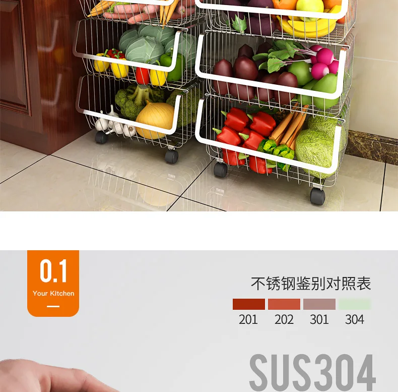 Бытовая корзина для овощей, полка для хранения, кухонная стойка, напольная многослойная рама из нержавеющей стали 304 WF4021721