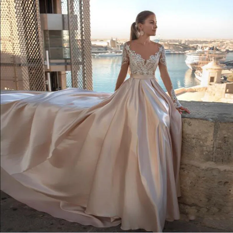 

Pink Applique Evening Party Dresses Full Sleeves A-line Vintage Long Prom Gowns Elegant Formal Dress Abendkleider Vestido Longo