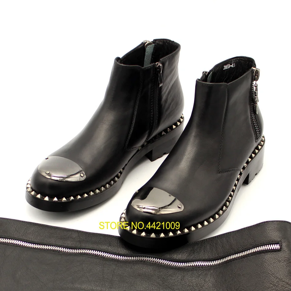 

European style fashion men's ankle boots round toe rivets shoes black color metal decoration cool motocycle boots for men