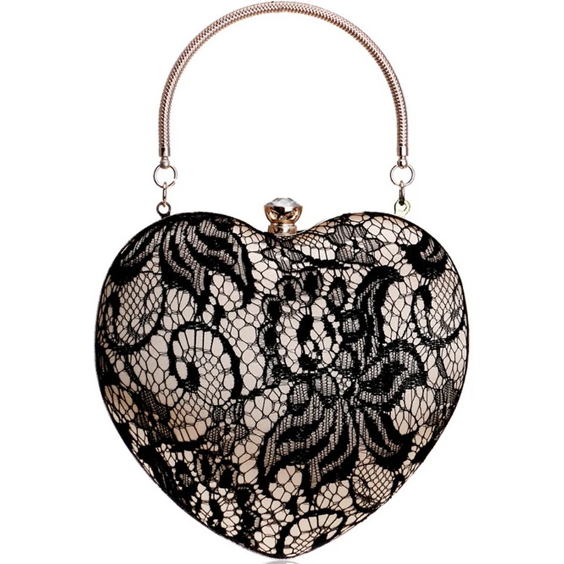 

Lace Luxurious Women Heart Evening Bags Hollow Out Design Rhinestones Clutches Chain Shoulder Purse Handbags