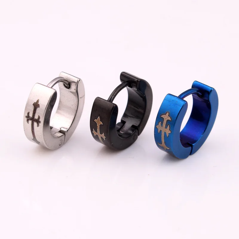 Fashion Cool Men Hoop Earrings Silver Black Stainless Steel Fashion Cool Men Hoop Earrings Silver Black Stainless Steel Greatwall Cross Charm Round Small Huggie Jewelry 4 13mm In From
