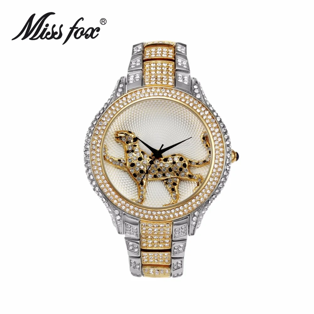 

New Women Leopard Full Rhinestone Wristwatches Top Stainless Steel Dress Watch Fashion Women Waterproof Quartz Watch Bracelet