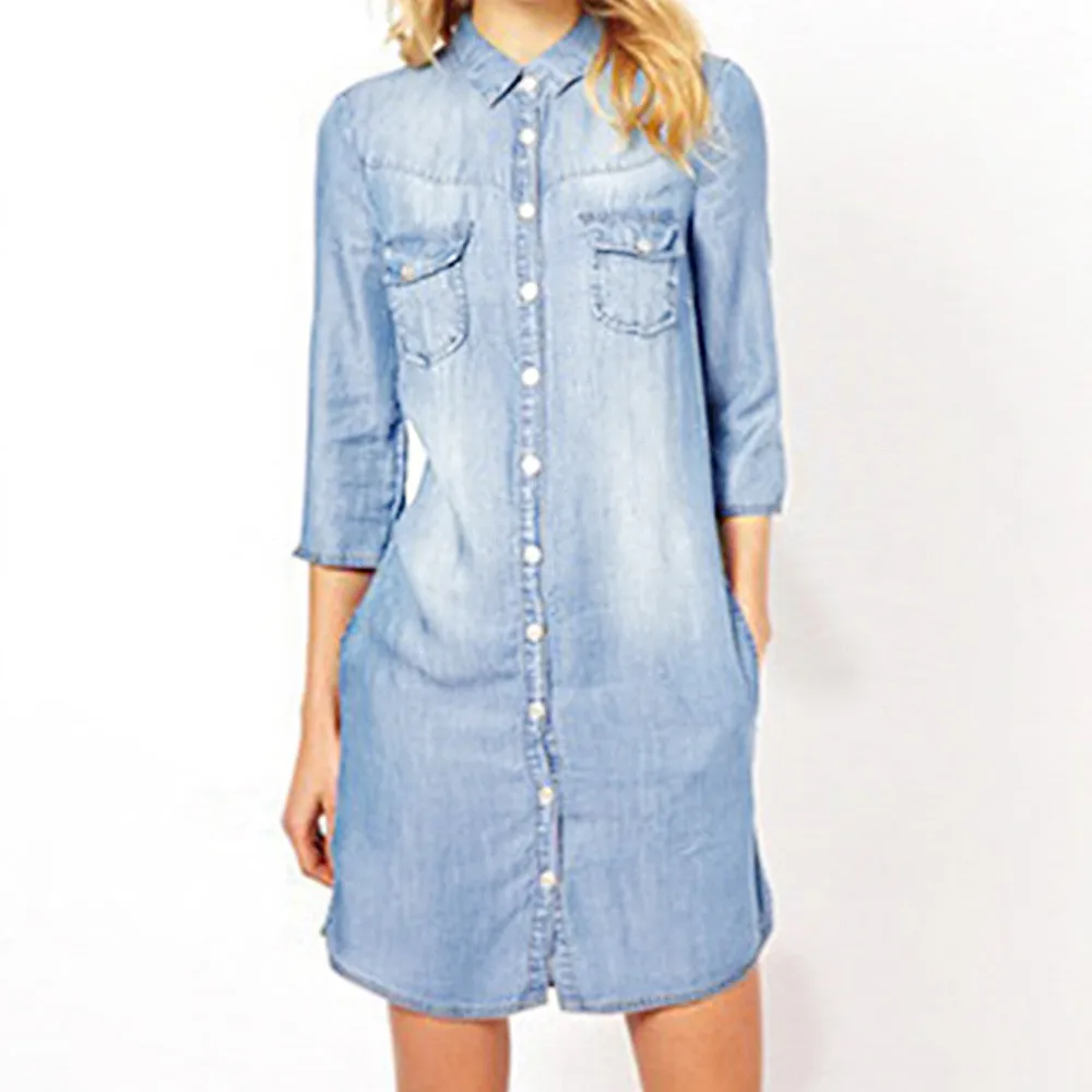 

Women Denim Loose Large Buttons Long Women Seven-Sleeve Casual Dress dress Fashion Women Casual Neck Hollow Saia de verao425