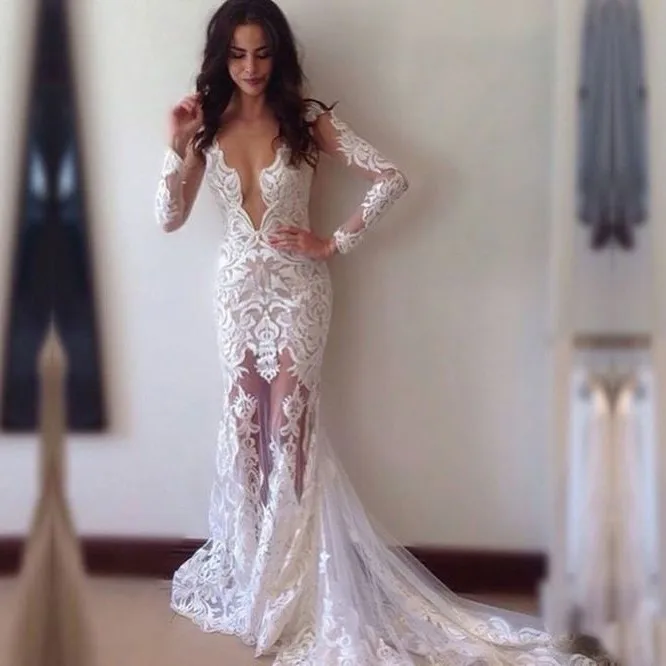 Vintage Lace Long Sleeve Wedding Dress Long Sleeves Deep V Neck Boho Wedding Dress free shipping canada vestido de casamento