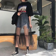 Модный женский, сетчатый, приталенный, из 2 предметов, с перспективным соединением, летняя джинсовая юбка с оборками в стиле ретро, уличная джинсовая юбка