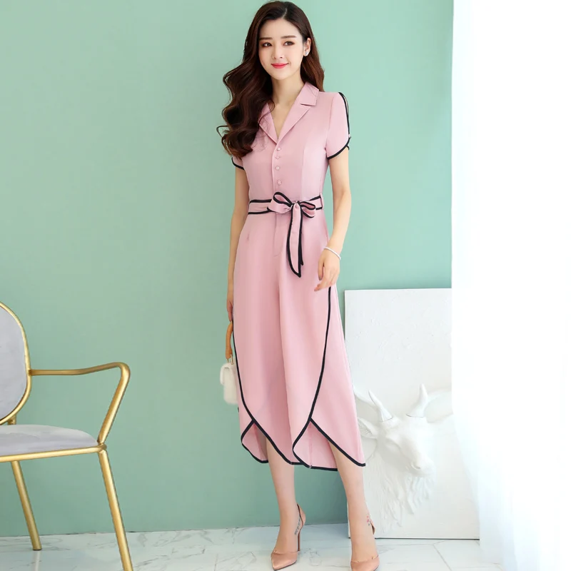 

High quality new 2018 summer ladies chiffon jumpsuit elegant female solid color jumpsuits short sleeve with belt