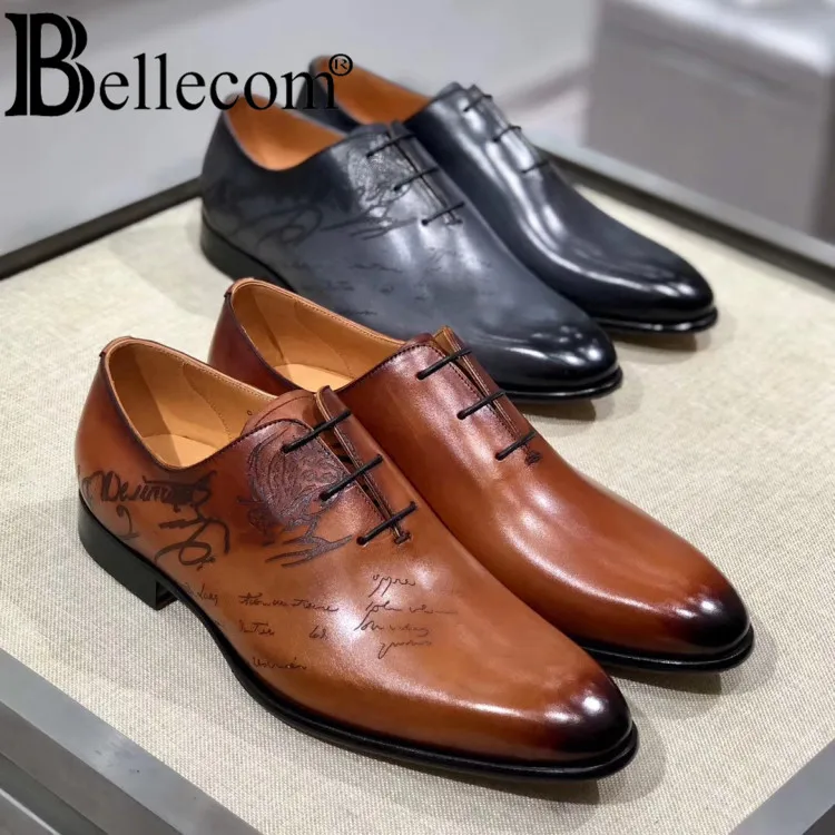 

BELLECOM 2019 Men's leather shoes, handicrafts, embroidery, formal shoes, new leather leather, square head, gentlemen's conferen