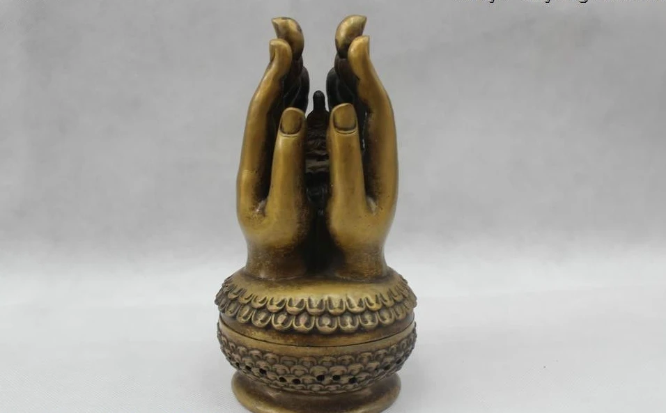 

8"Chinese Folk Pure Bronze Buddha Hand Buddha Burner incense burner Statue