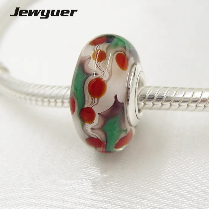 

Christmas beads holly with white red and green Murano Glass bead 925 Sterling Silver jewelry fit charms bracelets necklaces DIY