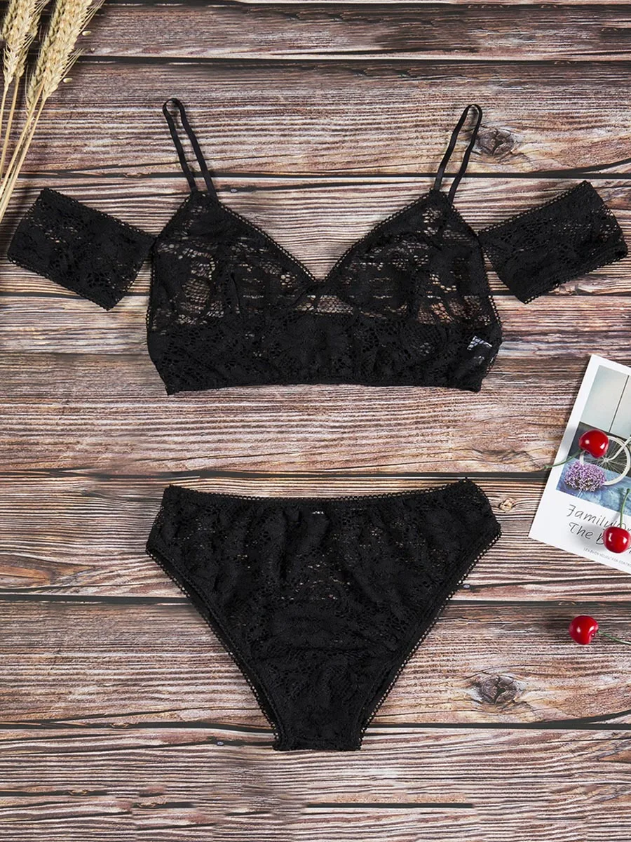 Hot Sexy Black Spaghetti Straps Breif Sets Women Summer Lace Floral Deep V Unlined Bra Tops Crop Elegant Lingeries Clothing