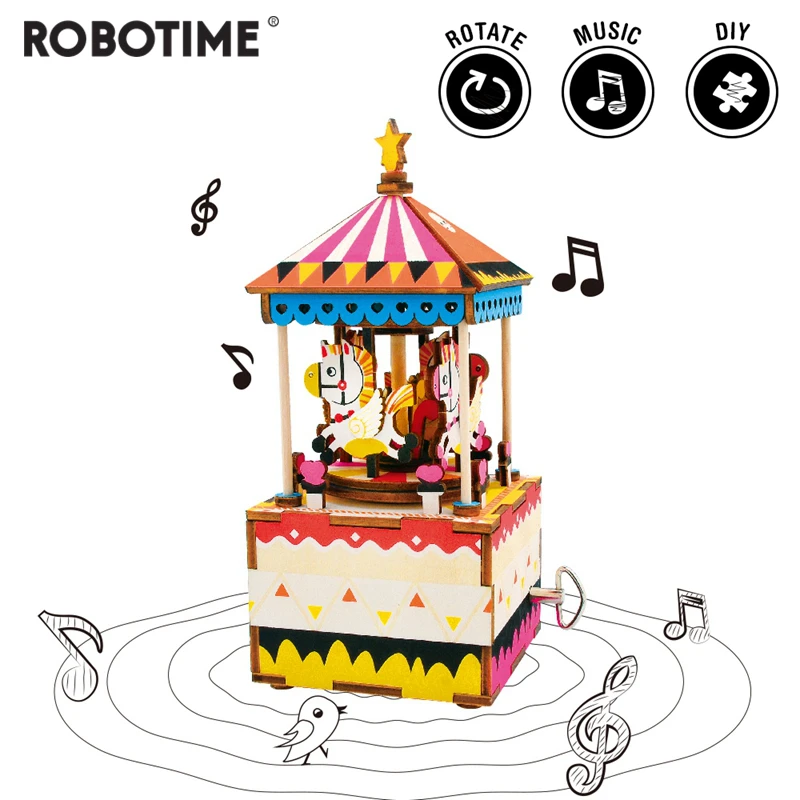 

Robotime DIY Merry-go-round 3D Wooden Puzzle Game Assembly Rotatable Music Box Toy Gift for Children Adult AM304