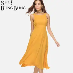 SheBlingBling одноцветное Цвет без рукавов Для женщин Fit and Flare Dress Мода Strappy Вернуться Высокая Талия шифоновое платье миди на бретельках