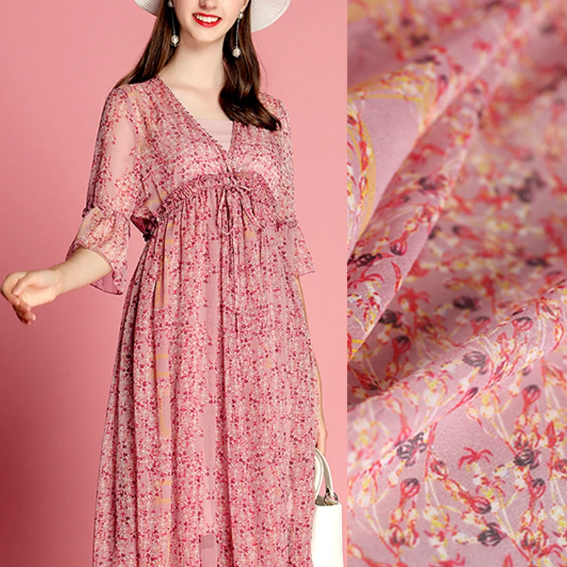 

140CM Wide 10MM Tiny Floral Print Thin Pink Silk Georgette Fabric for Summer Dress Jacket Pants E1042