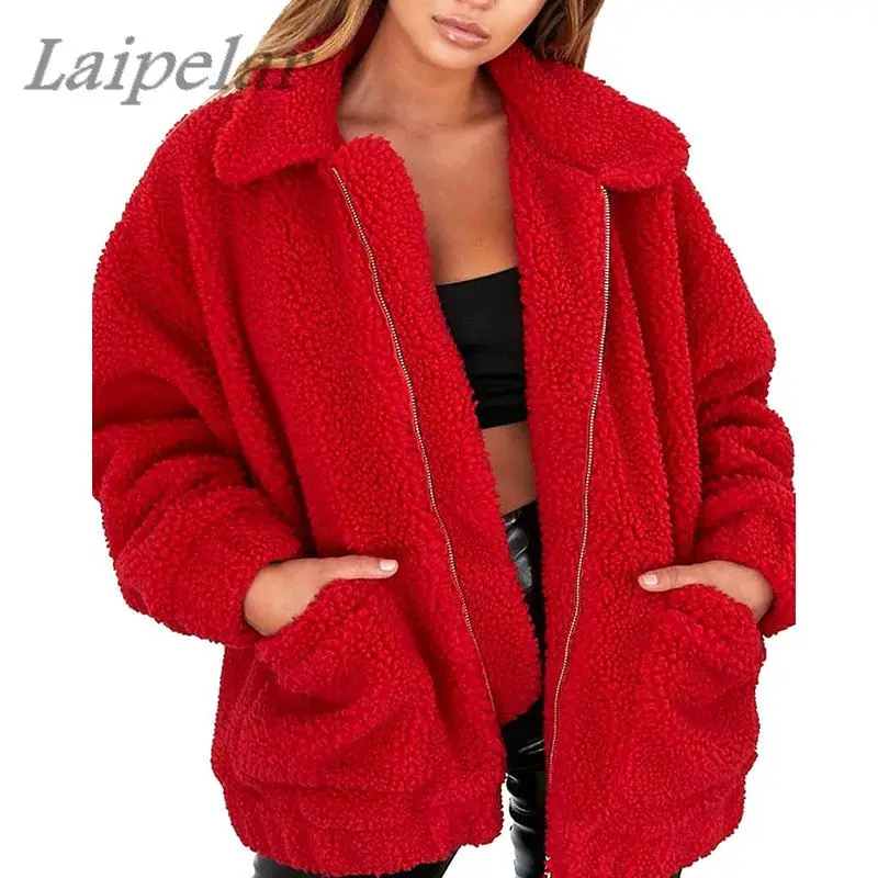 

Laipelar Lapel Sweatshirt Fleece Fur Coat Women Autumn Winter Warm Soft Jacket Thick Plush Zipper Overcoat Short Outerwear