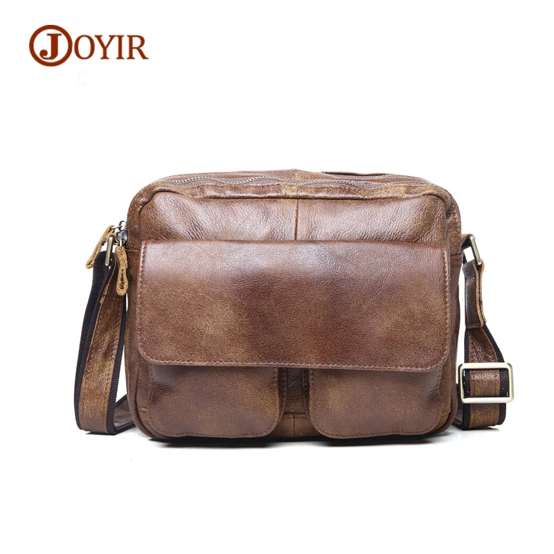 

JOYIR Men Leather Messenger Bag Natural Cowhide Crossbody Bag Trunk Genuine Leather Men Bag Zipper Retro Shoulder Bag Male