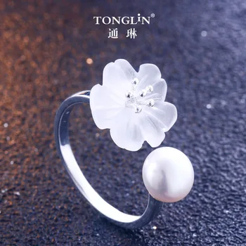 

925 Sterling Silver White Crystal Flower Ring for Women Ladies Girls Finger Bague Silver Pearl Ring Jewelry