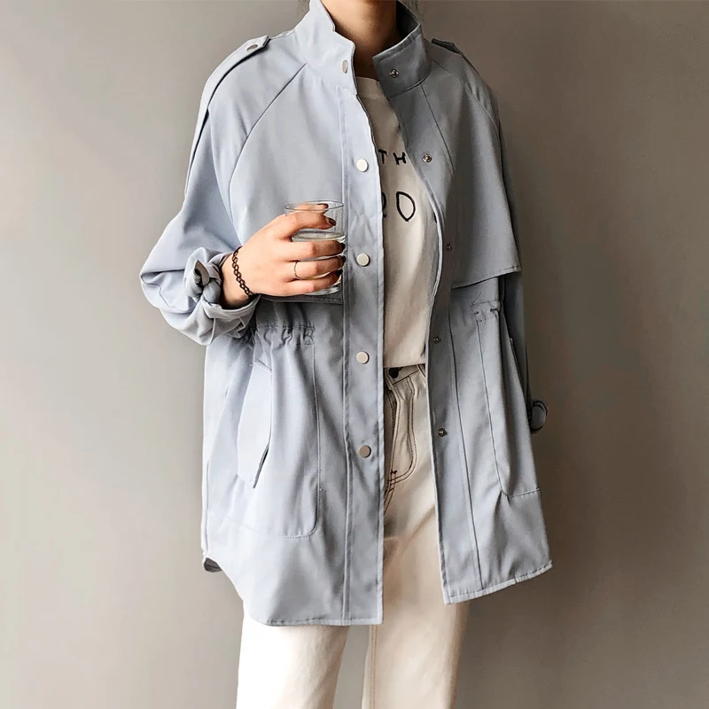 

Blue/beige single breasted women trench coat 2019 spring autumn fashion long outwear coats female loose trench coat for women